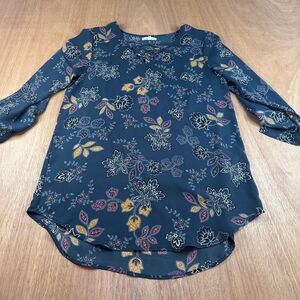 Maurices S Floral Blouse Blue Multicolor 3/4 Sleeve Lightweight Sheer Tunic Top